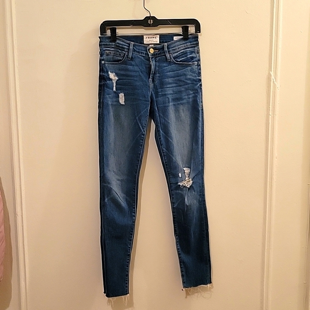 Frame distressed skinny jeans medium wash with raw edge hem. Grunge Punk goth